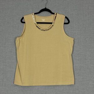 TanJay Tank Top Cotton Blend Sz Large Mustard Yellow with Beading on Collar